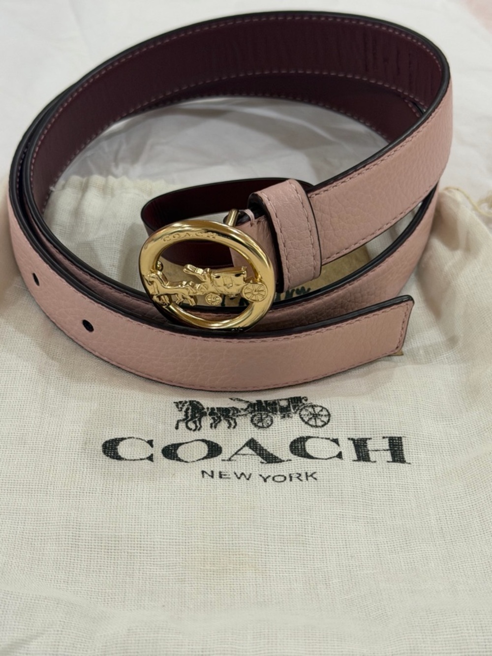 Coach Pink Leather Belt with Gold Coach Carriage Buckle